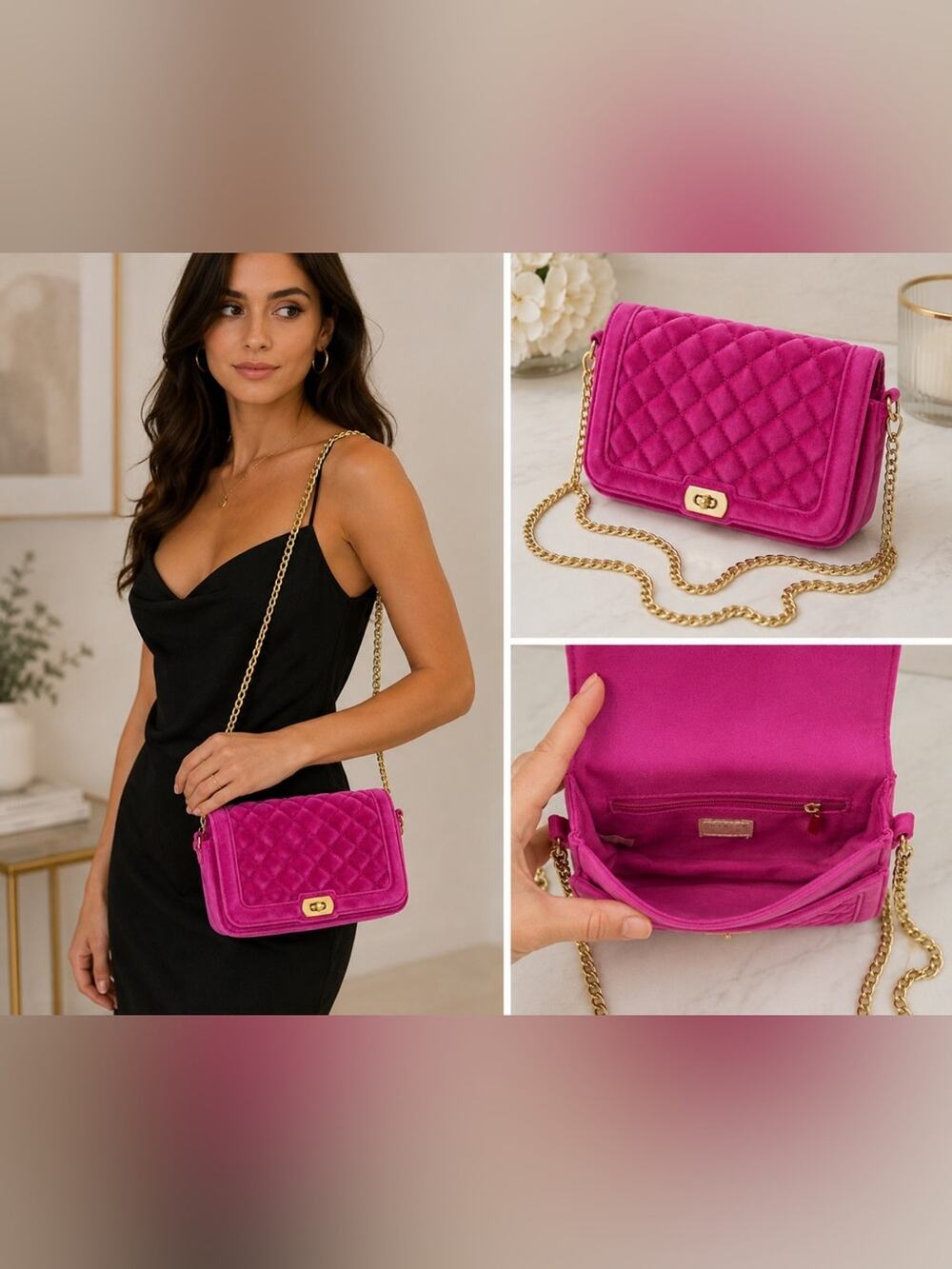a.n.a. Hot Pink Velvet Quilted Crossbody Bag Gold Chain Turn Lock Purse